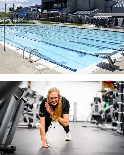 Bask in the sun and swim in style at Coppermine's outdoor pools, designed for ultimate summer enjoyment. Top image displays exterior shot of outdoor pool at Coppermine 4 Seasons in Hampstead Maryland. Bottom image of smiling personal training doing a one-armed pushup at Coppermine 4 Seasons in Hampstead Maryland.